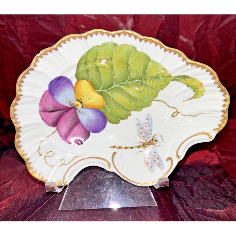 Anna Weatherley Handpainted Dragonfly Pansy Leaf Insect Accent Trinket Dish RARE